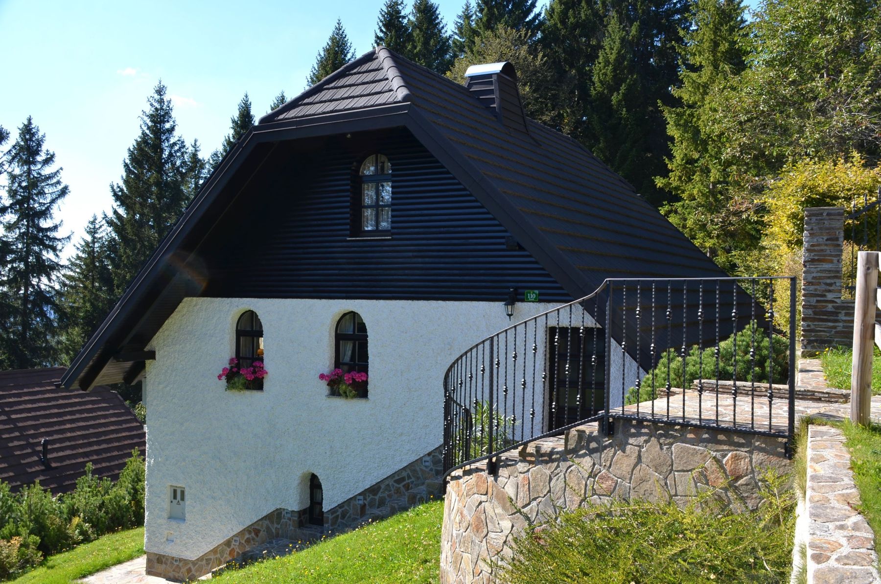 Vhod s kovano ograjo in kamnitim zidom